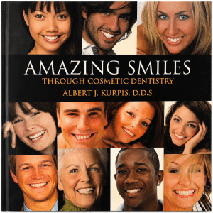 Cover of Amazing Smiles Through Cosmetic Dentistry by Dr. Albert J. Kurpis, an educational resource on cosmetic dentistry, smile makeovers, porcelain veneers, dental implants and comprehensive smile rehabilitation.