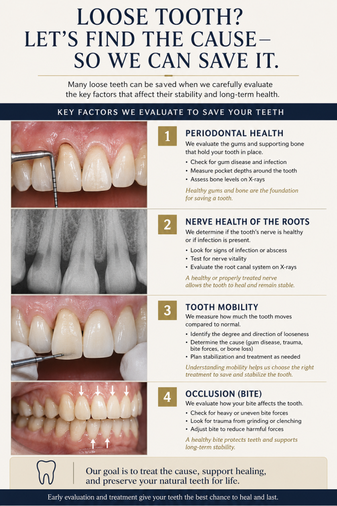 Infographic illustrating the four key factors used in the Kurpis Full Mouth Reconstruction Evaluation System™ to determine whether loose teeth can be predictably saved, including periodontal health, root and nerve health, tooth mobility, and bite evaluation.