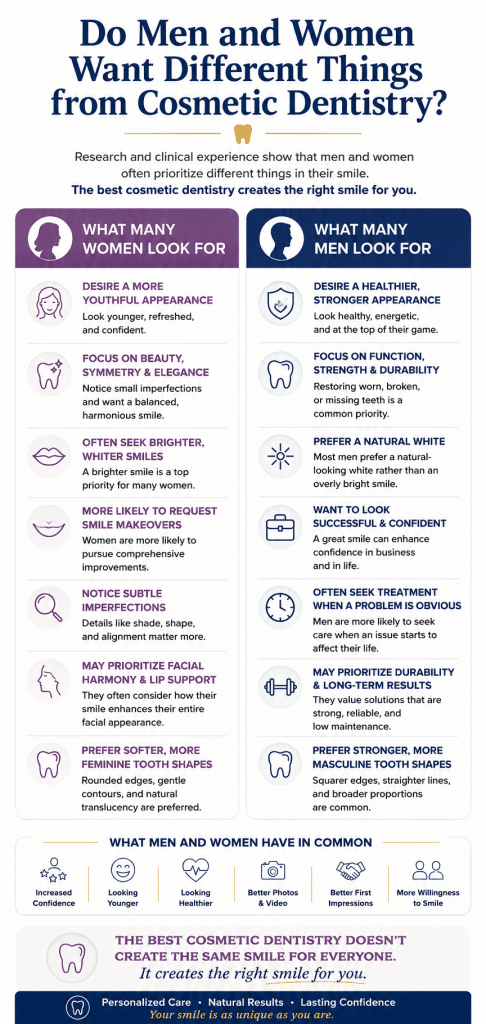 Educational infographic comparing the differences between what men and women typically want from cosmetic dentistry, including smile aesthetics, function, tooth shape, confidence, and personalized smile design.