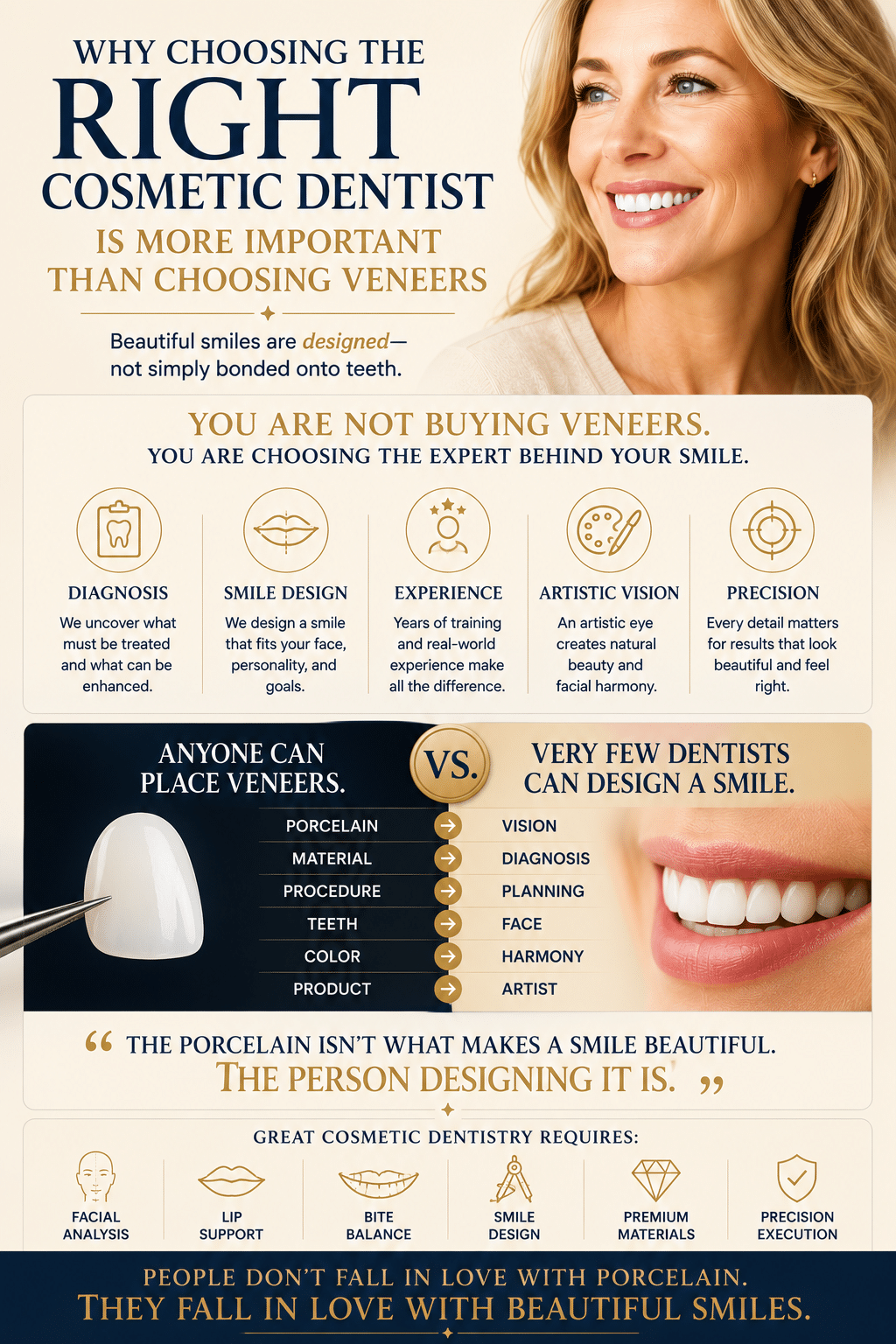 Educational infographic explaining why selecting an experienced cosmetic dentist is more important than choosing porcelain veneers, emphasizing smile design, diagnosis, artistic vision, facial harmony, and personalized treatment planning.
